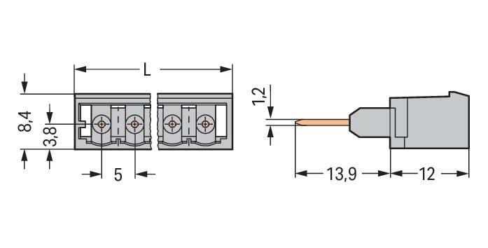 Technische Zeichnung zur Darstellung von Anschlussabmessungen. Links: zwei Steckergehäuse mit Maßangaben '10,5' und 'L'. Rechts: Querschnitt des Drahtes, beschriftet mit '1,2' und Dimension '13,9'.