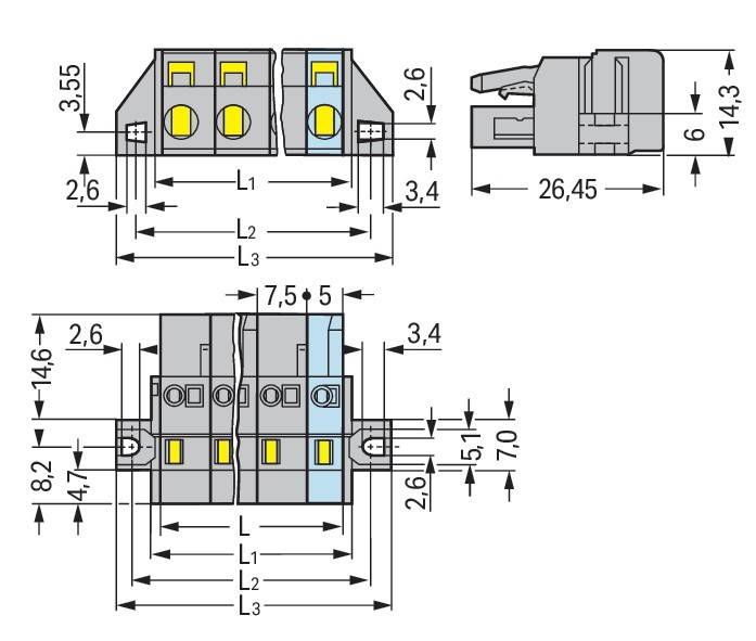 Eine technische Zeichnung eines elektrischen Reihenklemmenblocks mit beschrifteten Abmessungen. Vorder- und Seitenansichten zeigen Höhe-, Breiten- und Tiefenmessungen.