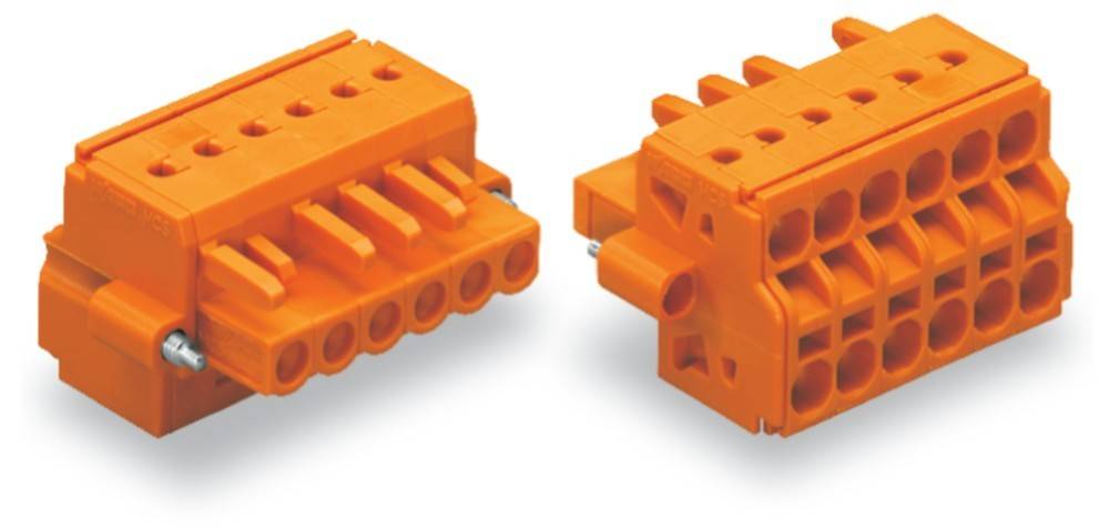 Zwei orange modulare elektrische Anschlüsse mit mehreren Steckplätzen, nebeneinander ausgerichtet, zum Verbinden von Drähten in elektronischen Baugruppen.