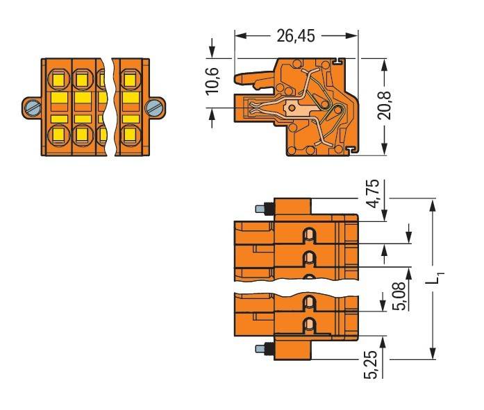 Technische Zeichnung eines orangefarbenen, zweistufigen Verbinders. Enthält Ansichten von oben, der Seite und von vorne mit detaillierten Maßangaben in Millimetern.