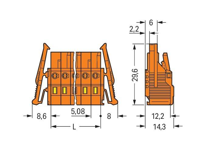 Technische Zeichnung eines orangefarbenen elektrischen Anschlusses mit Abmessungen: 8,6 mm, 5,08 mm, 29,6 mm, 12,2 mm, 14,3 mm und 2,2 mm.
