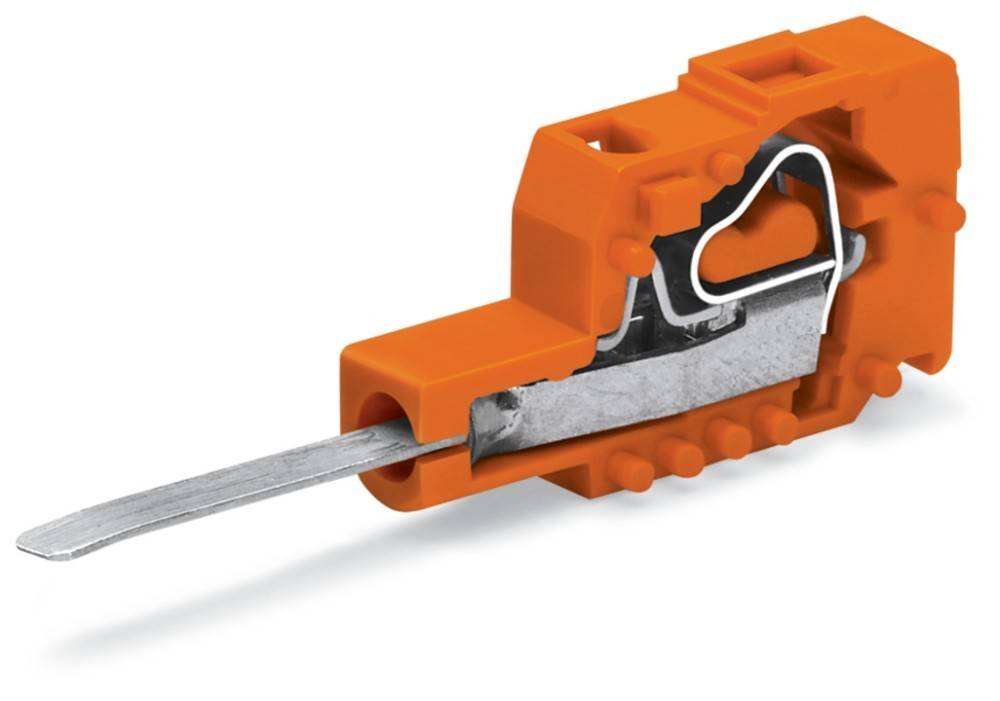 Ein orangefarbener Leitungsverbinder mit einem Hebel und einem metallischen Leiter im Inneren, der zum sicheren und zuverlässigen Verbinden von elektrischen Kabeln dient.