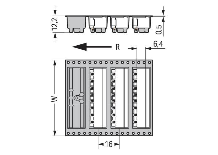 Diagramm einer elektrischen Komponente mit Maßen: 12,2 cm Höhe, 6,4 cm Tiefe, 16 cm Breite. Pfeil zeigt Richtung 'R' an.
