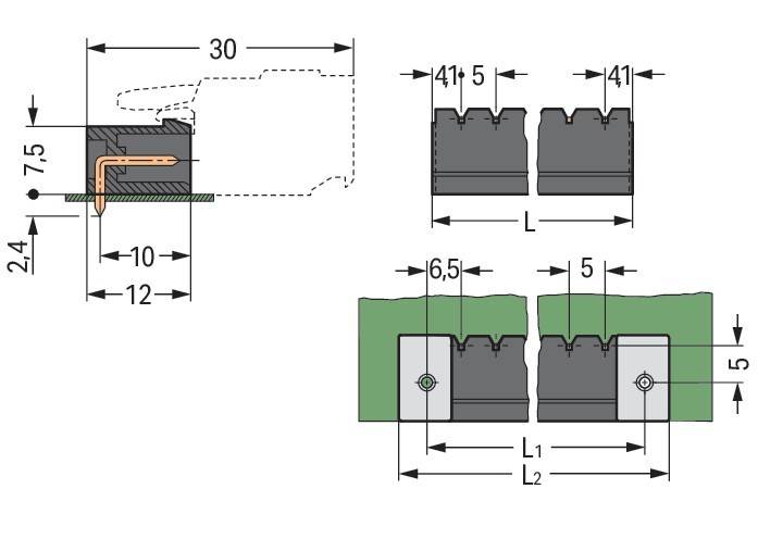 Technische Zeichnung eines mechanischen Bauteils mit Abmessungen. Beinhaltet Draufsicht und Seitenansicht mit Maßangaben, beschriftet in Millimetern.