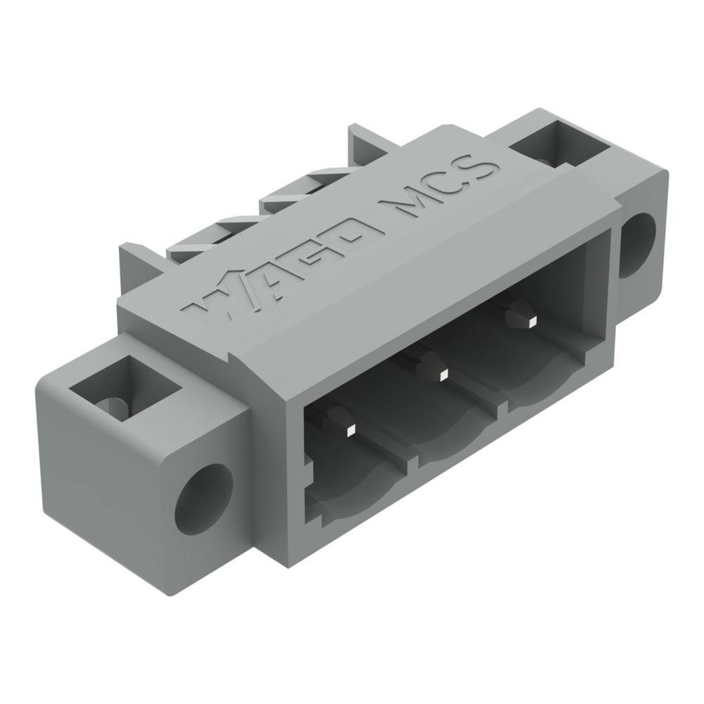 Ein grauer WAGO MCS-Verbinder mit drei Anschlüssen, entwickelt für Drahtverbindungen in elektrischen Installationen.