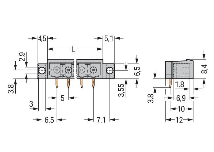 Diagramm eines elektrischen Anschlusses mit in Millimetern beschrifteten Abmessungen, das Längen, Höhen und Positionen von Komponenten und Kontaktstiften zeigt.