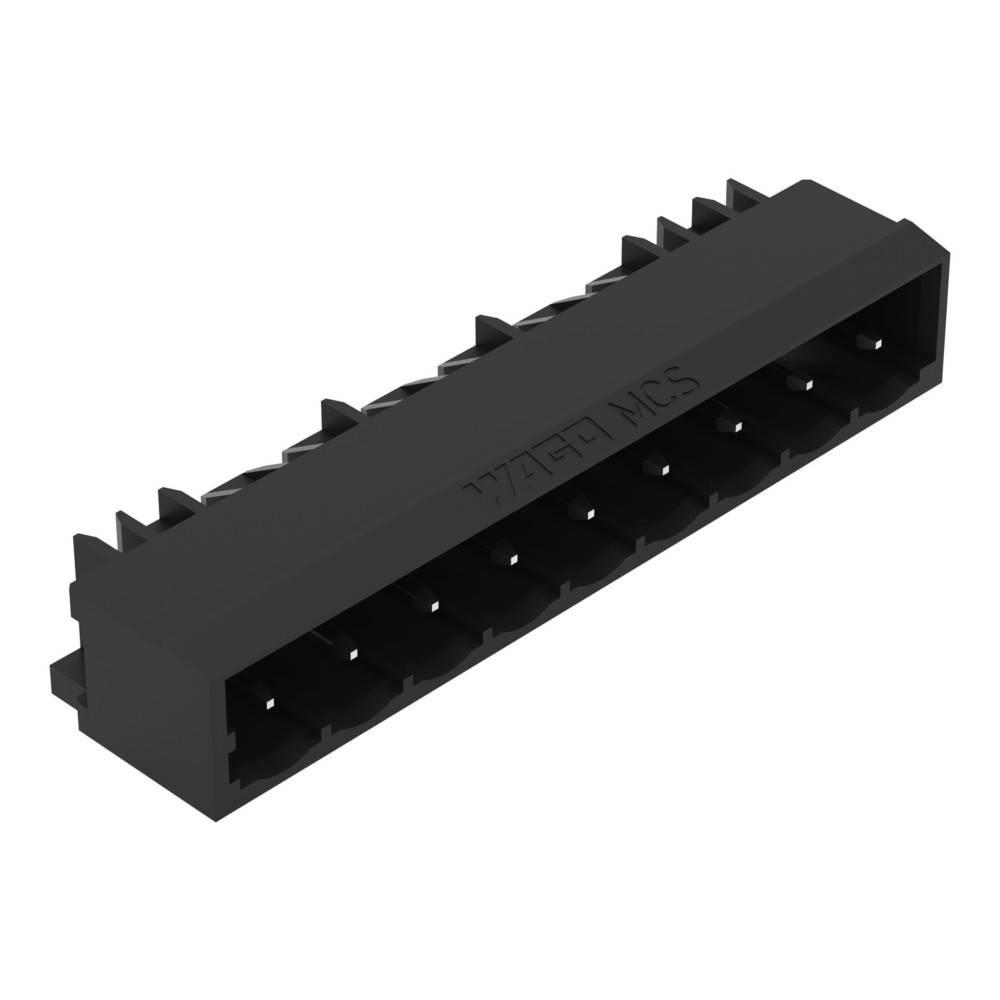 Ein schwarzer rechteckiger Kunststoffverbinder mit mehreren Steckplätzen, der für elektronische Schaltungsverbindungen verwendet wird, aus einem Winkel betrachtet.