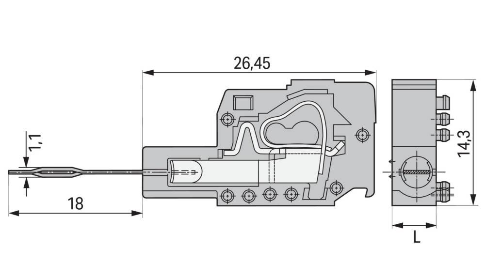Technische Zeichnung einer mechanischen Komponente, die einen Querschnitt mit internen Durchgängen zeigt. Die Gesamtlänge beträgt 26,45 Einheiten.