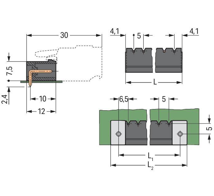 Technische Zeichnung einer mechanischen Komponente mit Abmessungen und Querschnitten. Messungen und Anmerkungen beschreiben detailliert die Form und Größe der Teile.