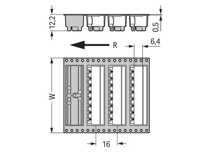 ‚R' Pfeil zeigt links oben, mit beschrifteten Dimensionen ‚12,2', ‚16' und ‚6,4'. Enthält Rechtecke und Kreise, möglicherweise ein elektrisches Komponentenlayout.