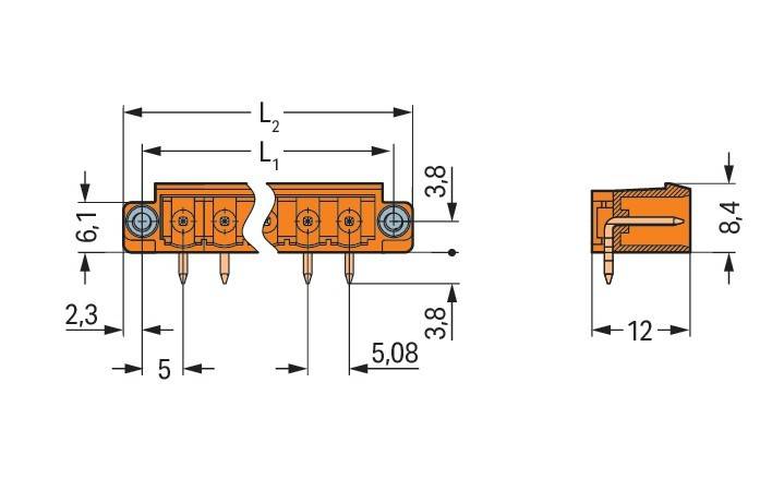 Technische Zeichnung zur Darstellung der Abmessungen eines Anschlusses mit Pins. Wichtige Maßangaben umfassen eine Höhe von 5,08 mm und Längenvariationen, gekennzeichnet als L1 und L2.