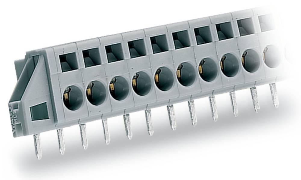 Ein grauer Elektroanschlussblock mit mehreren Anschlusspunkten und Metallstiften zum Verdrahten, der in elektronischen oder elektrischen Anordnungen verwendet wird.
