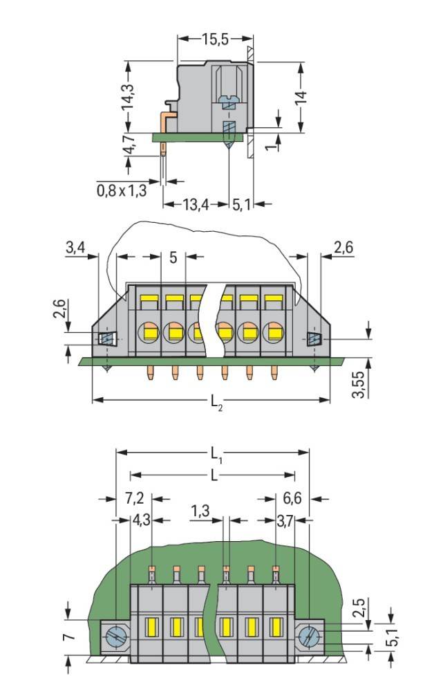 Technische Zeichnung eines elektrischen Anschlusses mit Maßangaben. Abmessungen umfassen 13,4 mm, 8 mm und 2,6 mm für verschiedene Abschnitte.