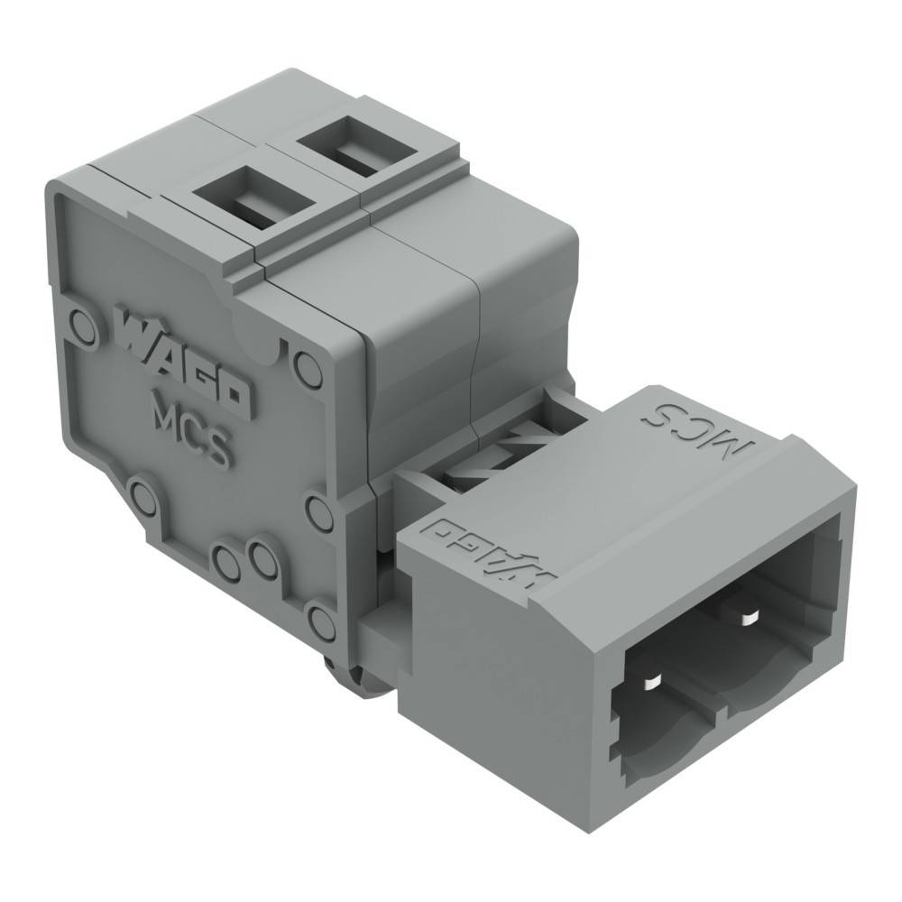 WAGO MCS Modulverbinder in Grau, mit rechteckiger Form und zwei Anschlussöffnungen für Verdrahtung, geeignet für elektrische Installationen.