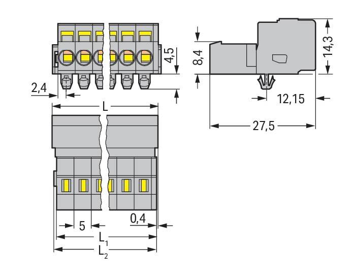 Diagramm eines elektrischen Anschlusses mit Seiten- und Draufsicht. Maße zeigen eine Länge von 27,5 mm und eine Breite von 12,15 mm.