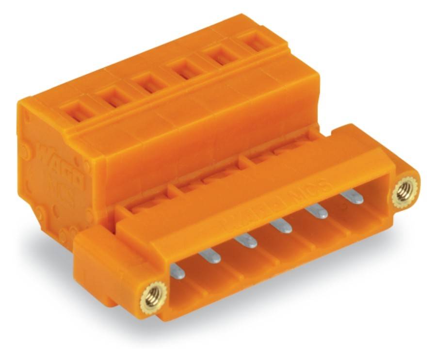 Orangefarbener elektrischer Verbinder mit mehreren Buchsen und Pins, der zum Anschluss von Drähten in elektronischen und elektrischen Geräten verwendet wird.
