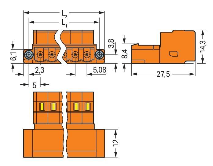 Eine technische Zeichnung einer orangefarbenen elektrischen Komponente mit verschiedenen vermessenen Abmessungen, einschließlich Breiten und Höhen, detailliert in Millimetern.
