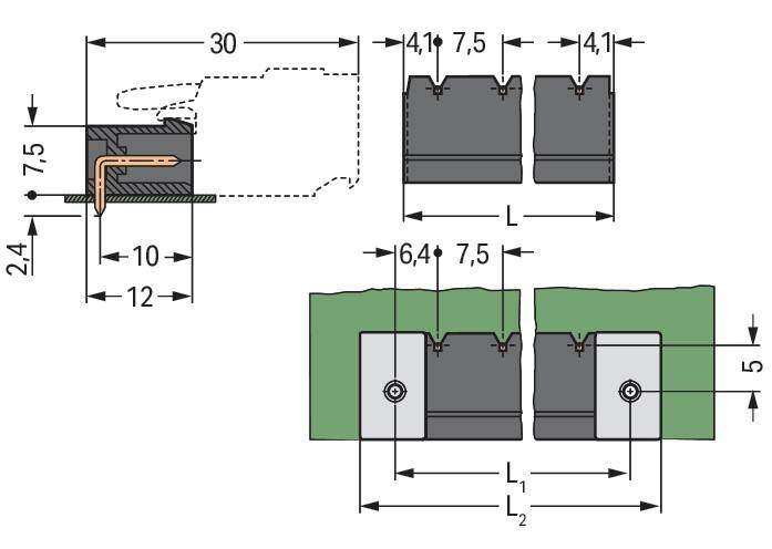 Technische Zeichnung mit Querschnittsansicht von zwei mechanischen Komponenten, seitlich nebeneinander ausgerichtet, mit detaillierten Maßangaben und Anmerkungen.