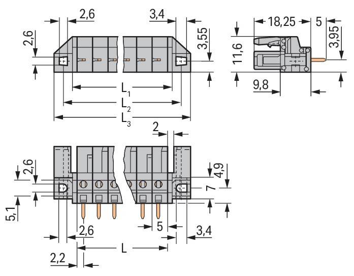 Technische Zeichnung eines elektrischen Steckverbinders mit detaillierten Maßangaben in Millimetern, mit Vorder- und Seitenansicht sowie Stiftpositionen.
