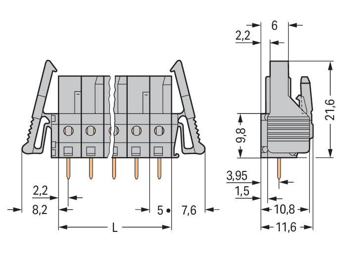 Technische Zeichnung eines elektrischen Anschlusses mit Maßangaben. Vorder- und Seitenansicht zeigen Dimensionen wie 2,2, 6 und 11,6 mm.