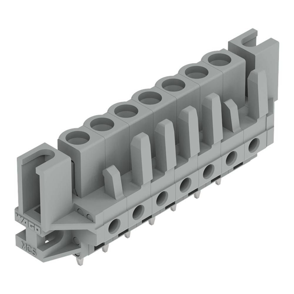 Ein grauer Anschlussblock mit mehreren Anschlussports für elektrische Verdrahtung, mit modularer und stapelbarer Konstruktion.
