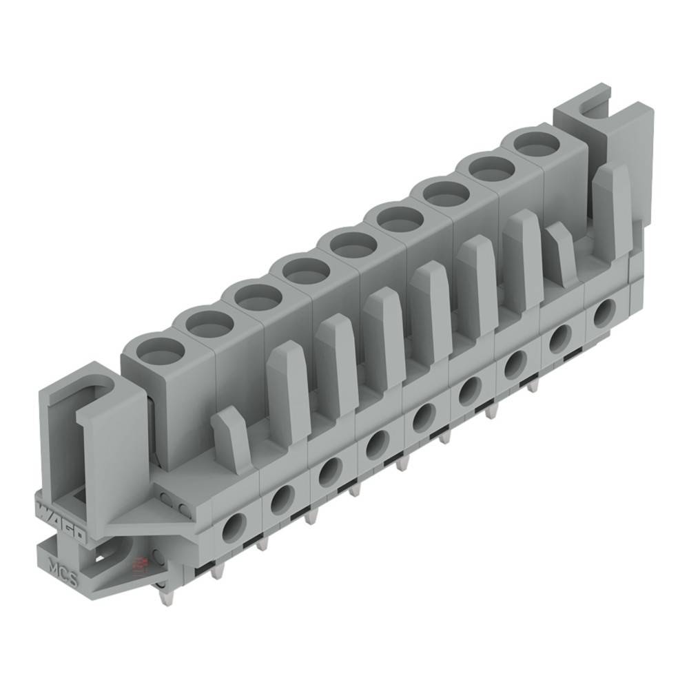Ein grauer elektrischer Anschlussblock mit mehreren Verbindungspunkten, der vertikale Schlitze und Schraubkontakte aufweist und zur Kabelorganisation verwendet wird.