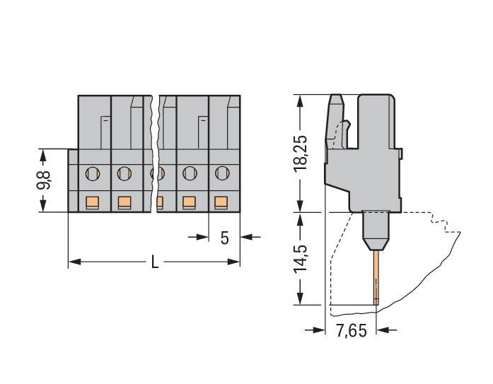 Technische Zeichnung eines Verbindungsstücks mit Abmessungen: 18,25 mm Höhe, 7,65 mm Breite, mit mehreren Schlitzen und einem umrissenen Abschnitt, der Details zeigt.