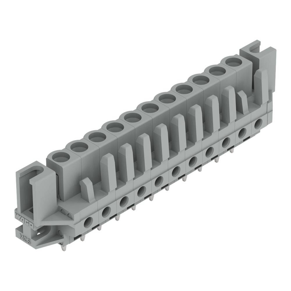 Grauer Klemmenblock mit mehreren Anschlussslots und einer Schienenbefestigungsbasis, verwendet für elektrische Verbindungen auf Leiterplatten.