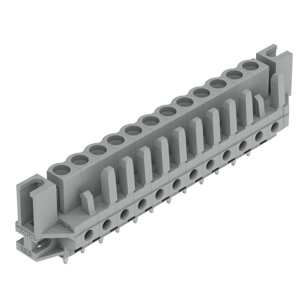 Ein grauer Klemmenblock mit mehreren Anschlusspunkten, der für elektrische Verkabelung konzipiert ist. Er weist eine Reihe identischer Schlitze für Kabel auf.