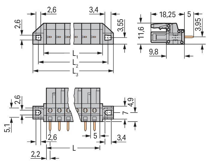 Technische Zeichnung eines elektrischen Anschlusses mit Maßangaben in Millimetern. Vorder- und Seitenansicht mit Pinabständen, Höhe und Breite.