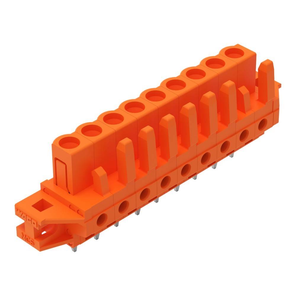 Ein orangefarbener elektrischer Klemmenblock mit mehreren Anschlusspunkten, der zum sicheren Verbinden von Drähten dient und aus einem Seitenwinkel gezeigt wird.