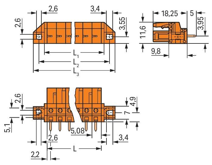 Technische Zeichnung eines orangefarbenen elektrischen Anschlusses, die Messungen in Millimetern aus verschiedenen Winkeln zeigt und Abmessungen darstellt.