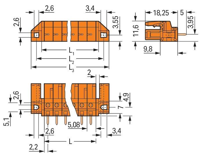 Technische Zeichnung eines orangefarbenen elektrischen Steckers mit detaillierten Maßangaben: 18,25 mm Breite, 11,6 mm Höhe und 3,4 mm Pinabstand.