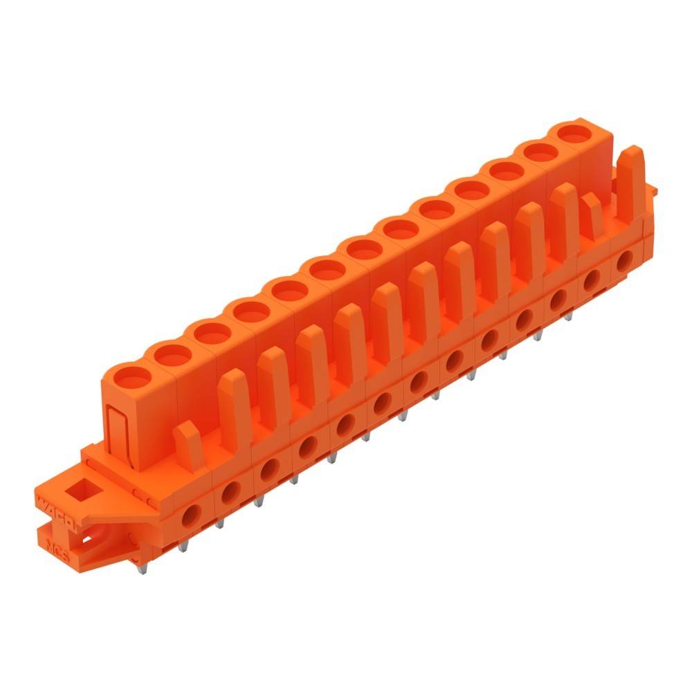 Ein orangefarbener elektrischer Anschlussblock mit mehreren Anschlusspunkten in einer Reihe, der für die Leiterplattenmontage konzipiert ist.