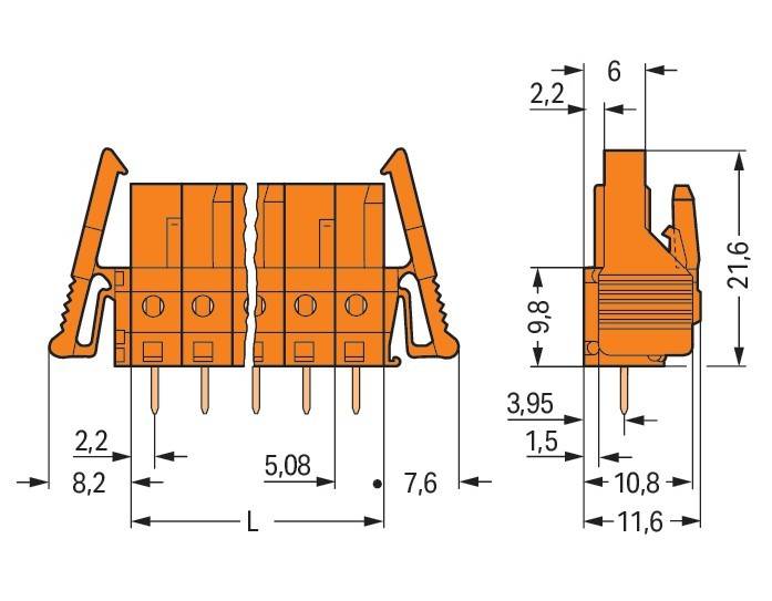 Technische Zeichnung von orangefarbenen elektrischen Steckverbindern mit Maßangaben in Millimetern. Enthält Seiten- und Frontansichten.