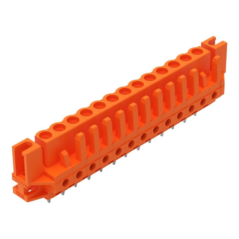 Ein orangefarbener Terminal-Block-Anschluss mit mehreren Anschlussslots und Pins für elektronische Schaltkreisanwendungen in industriellen Umgebungen.