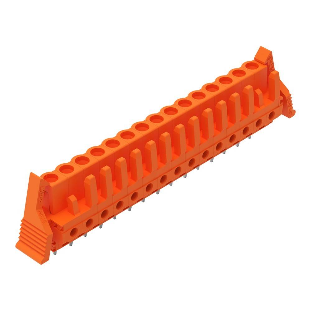 Ein orangefarbener elektrischer Anschluss mit Metallstiften zur Montage, der zum Verbinden von elektronischen Komponenten in Leiterplatten verwendet wird.