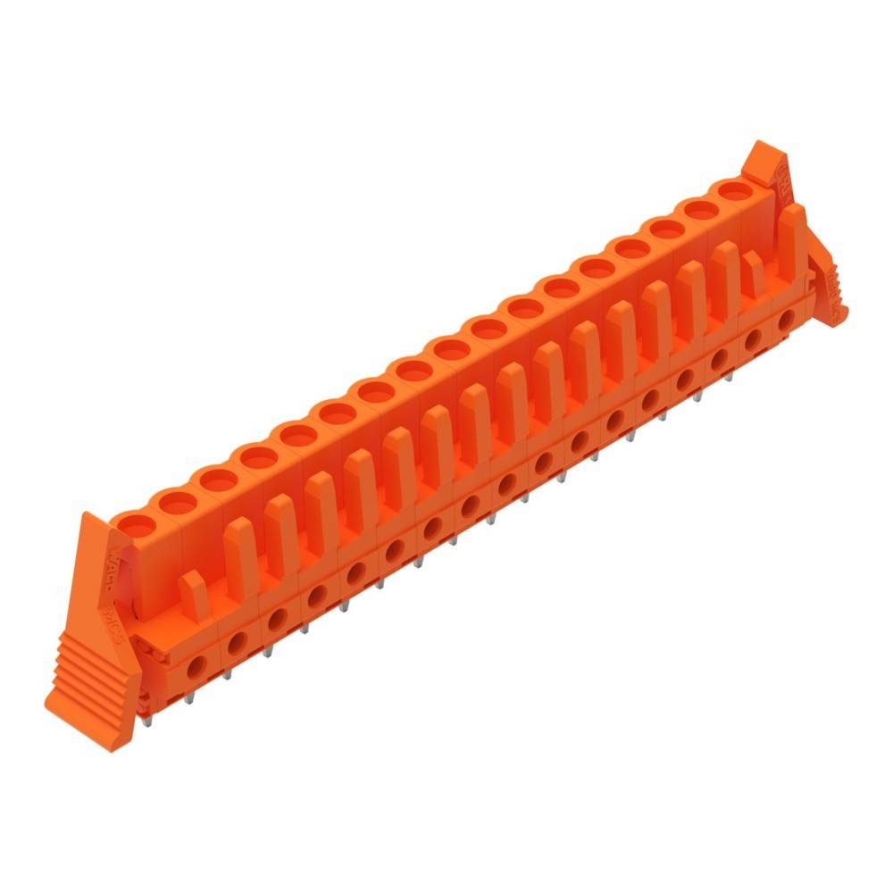Ein orangefarbener elektrischer Anschlussblock mit mehreren Anschlusspunkten, der zum Organisieren und Verbinden von Kabeln in elektrischen Systemen verwendet wird.