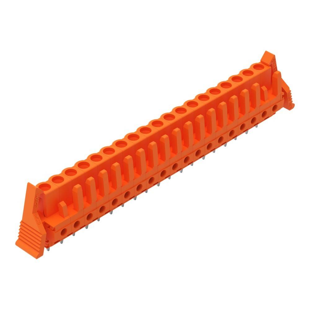 Orange rechteckiger Kunststoff-Legostein mit kreisförmigen Noppen und Löchern, entwickelt zum Verbinden mit anderen Legosteinen.