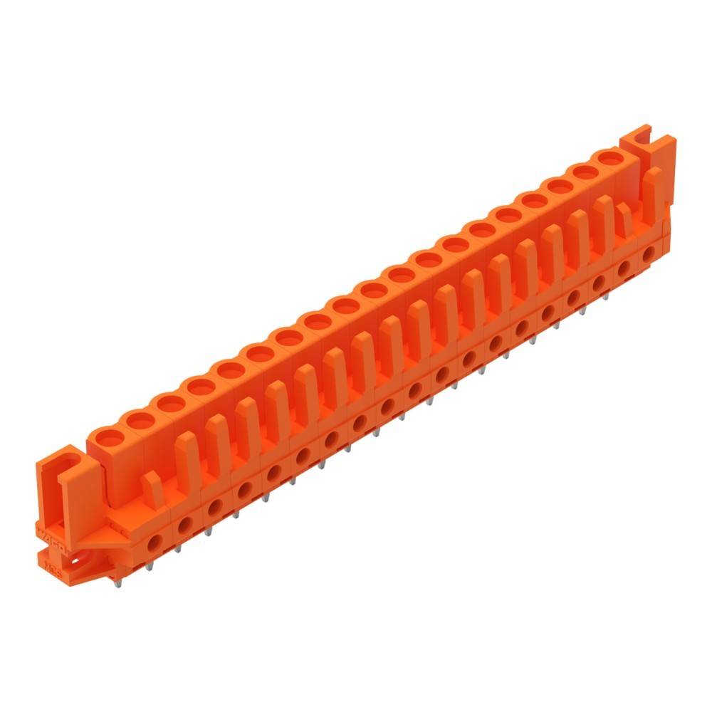 Ein orangefarbener elektrischer Anschlussblock mit mehreren Verbindungspunkten, der zum Befestigen und Organisieren von Kabeln in einem elektrischen Schaltkreis verwendet wird.
