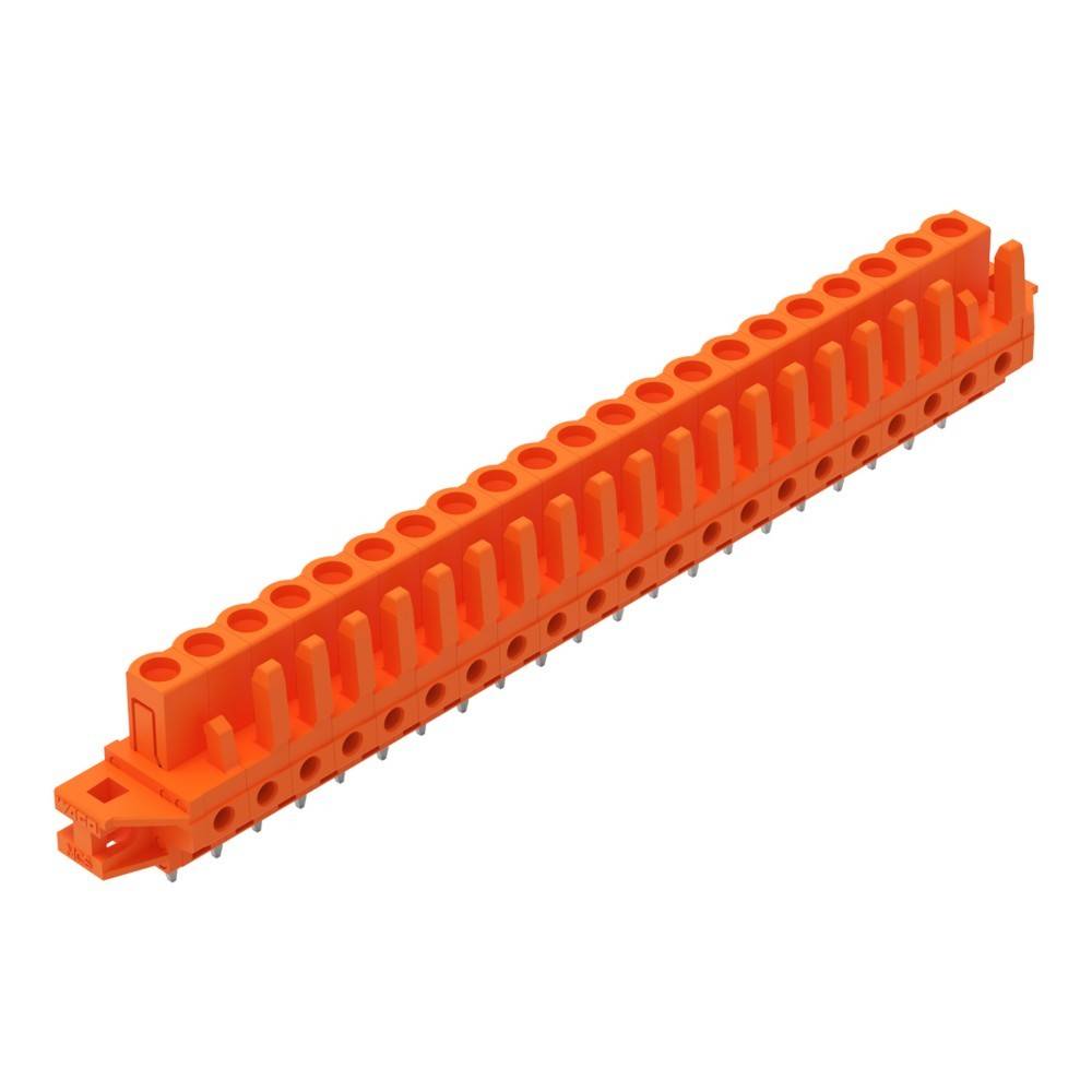 Ein orangefarbener Verbinder mit mehreren Pins, die in einer Reihe angeordnet sind, der für elektronische oder elektrische Anwendungen verwendet wird.