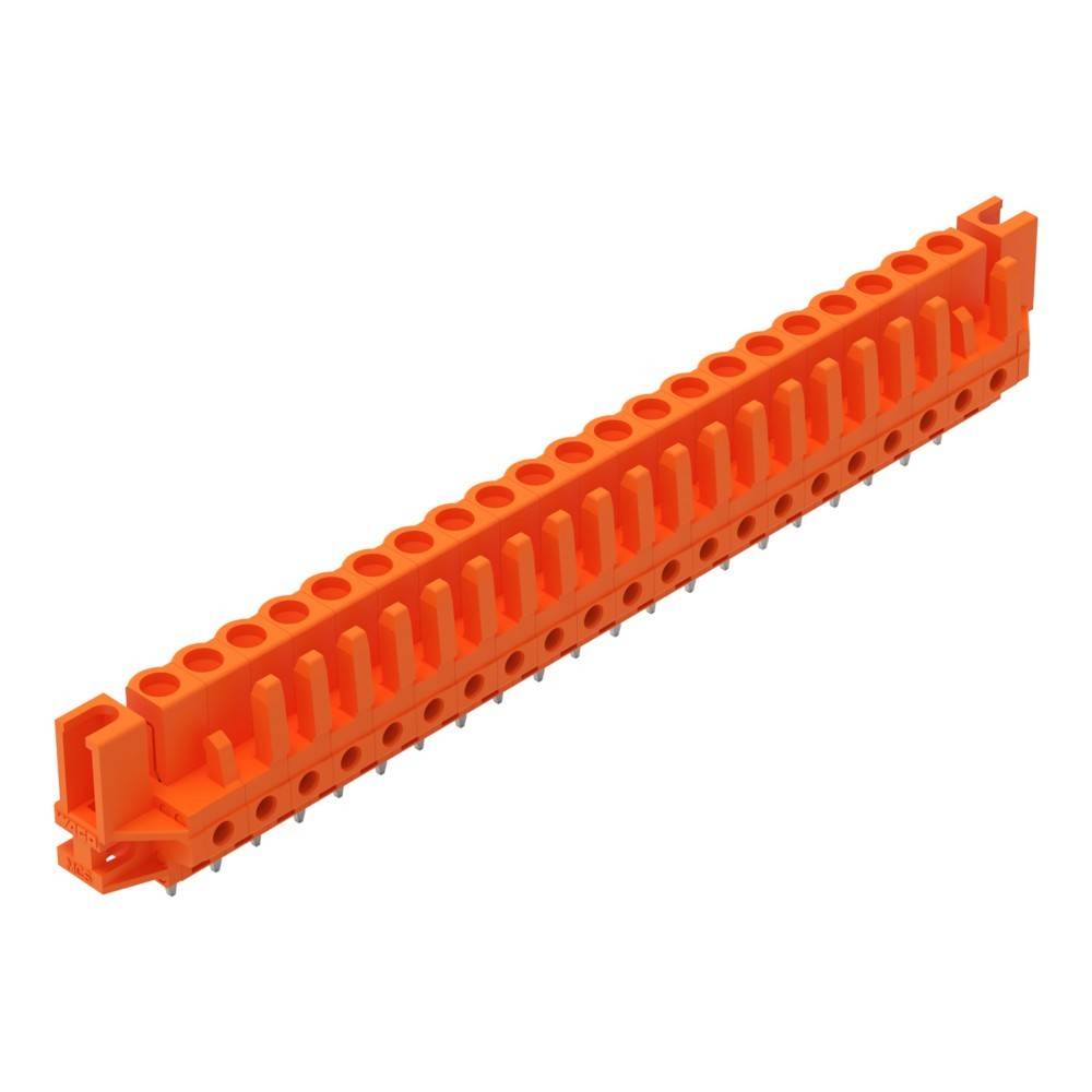 Ein orangefarbener Klemmenblock mit mehreren Anschlusspunkten, der für elektrische Verdrahtung verwendet wird.