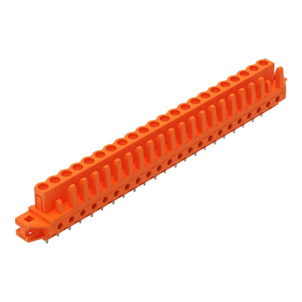 Ein orangefarbener Terminalblock mit mehreren Anschlusspunkten, der zur Montage elektrischer Schaltkreise verwendet wird, vor einem weißen Hintergrund abgebildet.