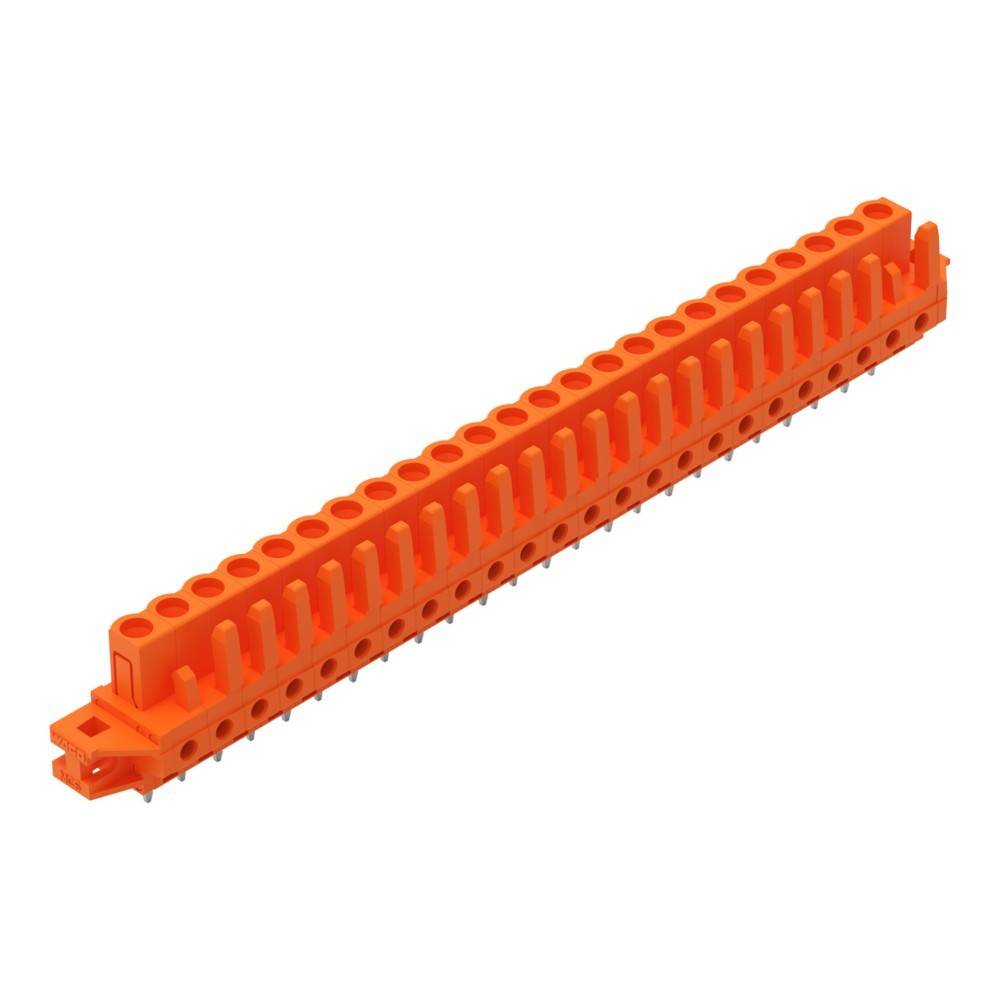 Eine orange, rechteckige Komponente mit gleichmäßig angeordneten Pins an einer Seite, die für elektrische oder elektronische Verbindungen verwendet wird.