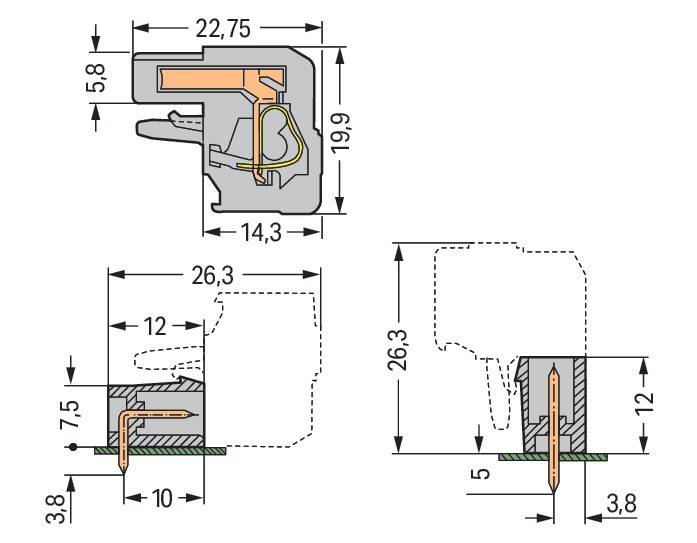 Querschnittsdiagramme von Türdichtungen, die Abmessungen und zwei Arten von Befestigungen zeigen: eine bei 22,75 mm Breite, eine andere bei 26 mm.