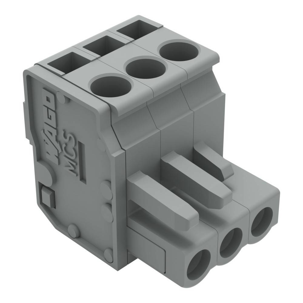 Ein grauer WAGO MCS Klemmenblock mit drei Drahtanschlussstellen, verwendet für elektrische Verbindungen, in einer Perspektivansicht dargestellt.