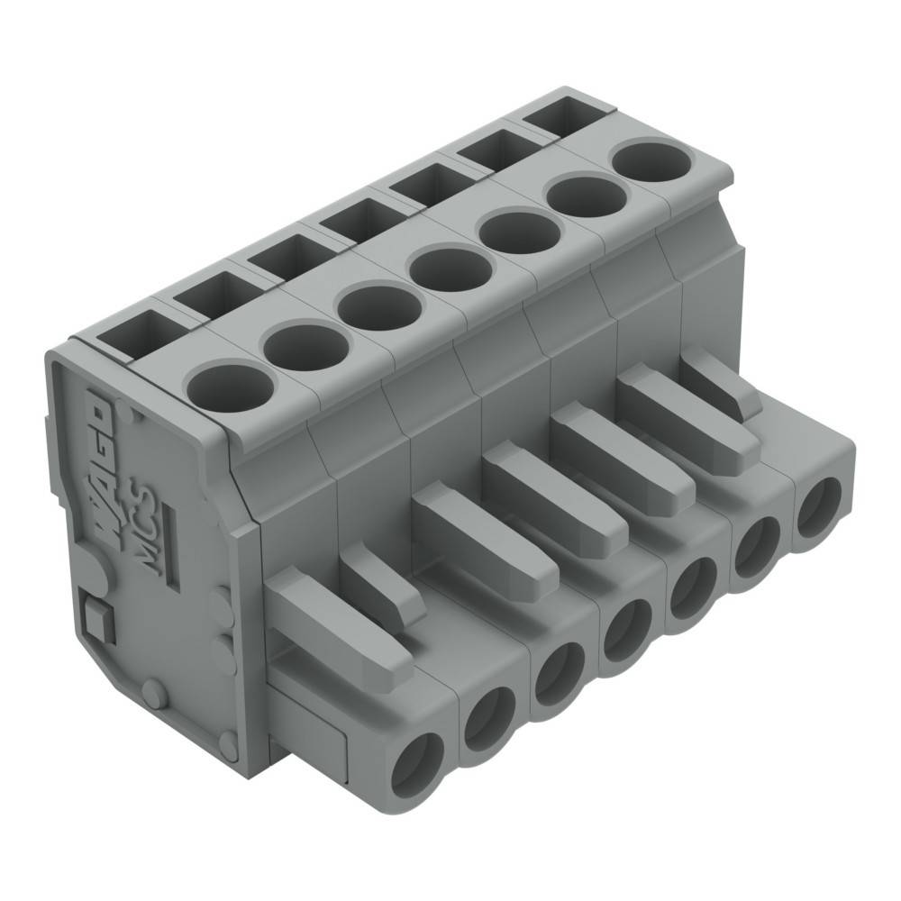 Ein grauer elektrischer Verbinder mit sechs Öffnungen für Verkabelung, mit Push-in-Design, der für sichere und einfache Drahtverbindungen verwendet wird.