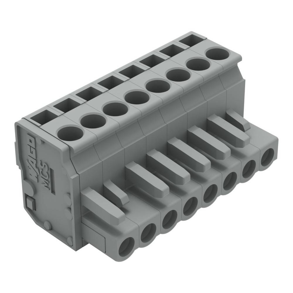Ein grauer 10-Slot-Terminalblock-Verbinder, verwendet für elektrische Verkabelung, mit mehreren Einsatzpunkten und Clips für sichere Verbindungen.