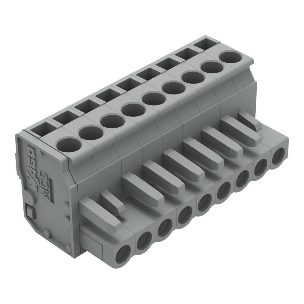 Ein grauer, winkelförmiger elektrischer Anschlussblock mit mehreren kreisförmigen Anschlüssen und rechteckigen Vorsprüngen an der Seite.