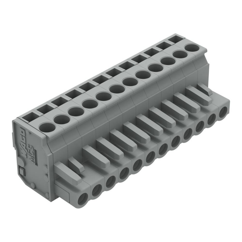 Ein grauer, rechteckiger elektrischer Stecker mit mehreren kreisförmigen und rechteckigen Schlitzen, der zum Sichern mehrerer Kabel entwickelt wurde.